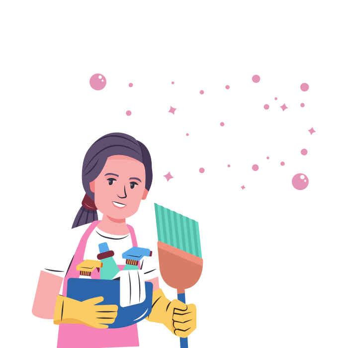 Illustration of a cleaner with sparkling cleaning supplies.