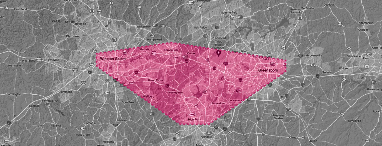 Stylized map of the High Point and Piedmont Triad service area.